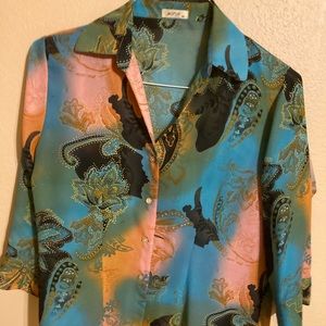 Silk-Feel Teal & Coral Paisley Button-Up Blouse - Jaipur